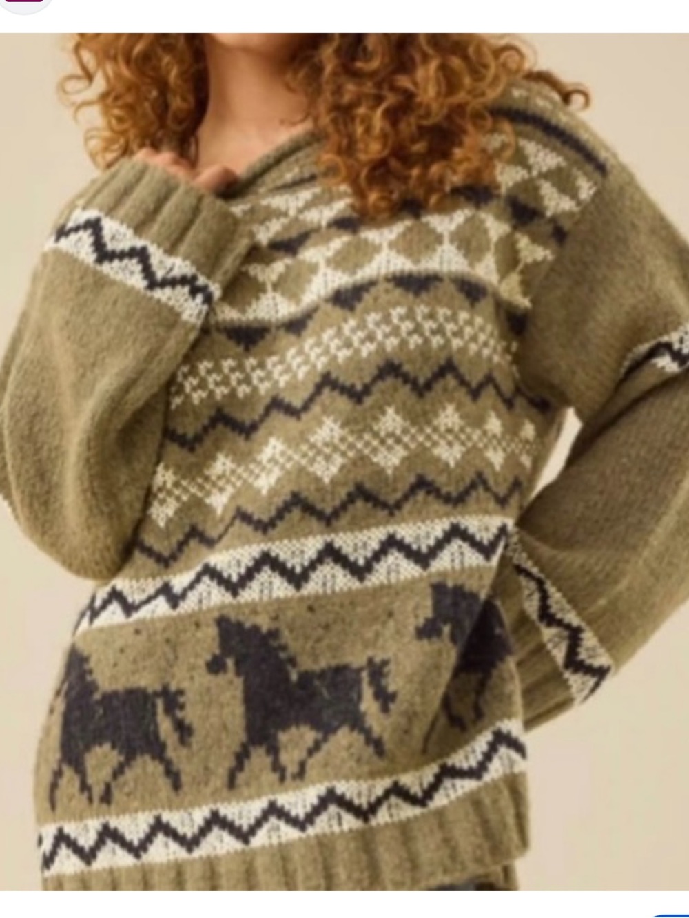 Altar'd State Olive Fair Isle Horse Knit Sweater